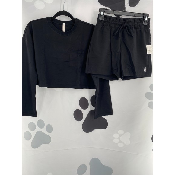 Free People NWT Sunny Set 2 Piece Sweatshirt Shorts Athleisure Set Black XS New - Picture 3 of 12